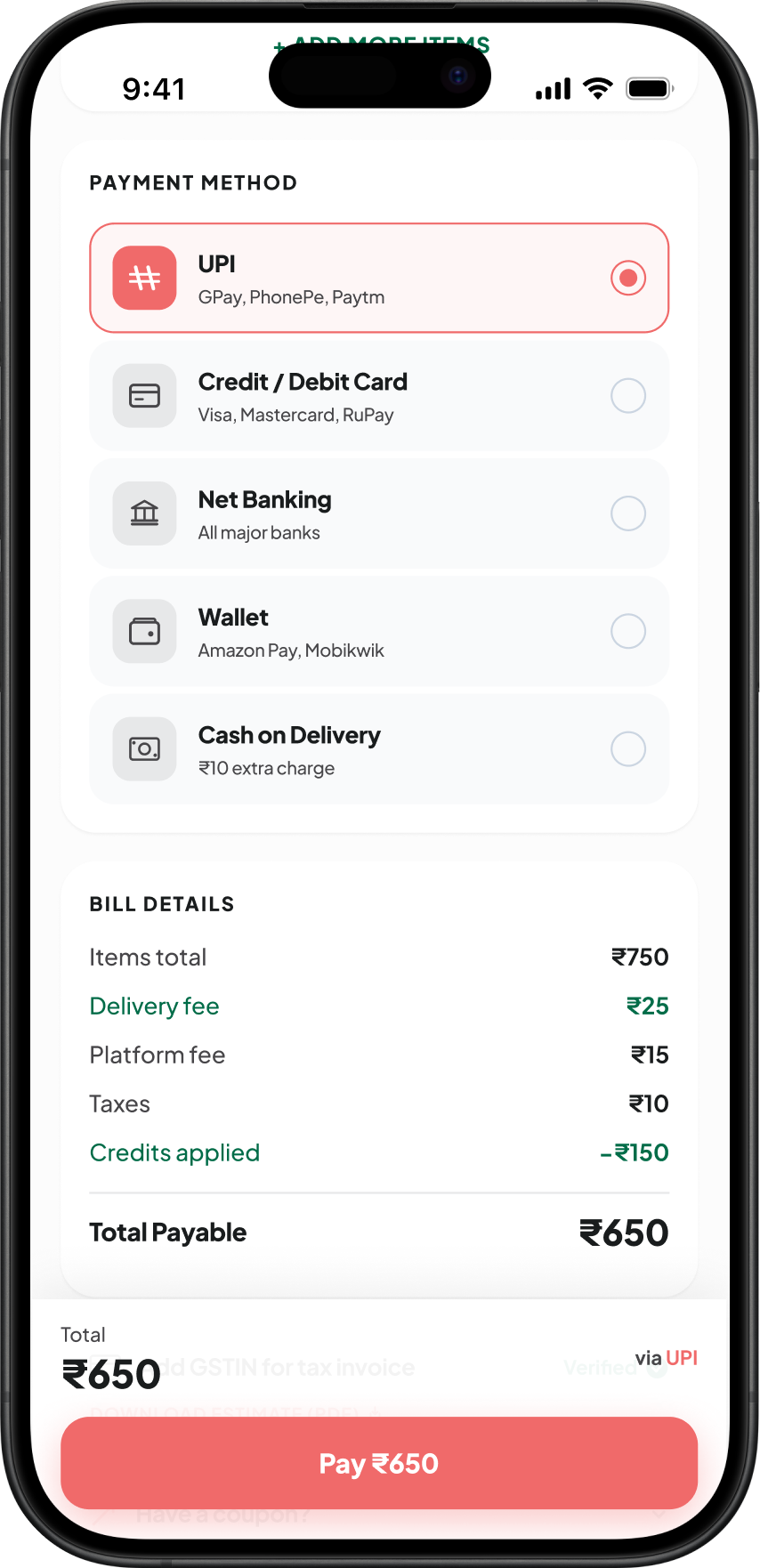 Payment methods — UPI, cards, wallets, COD